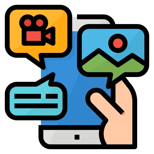 Hand holding a smartphone with icons for video, text, and image content, representing localized social media content creation.